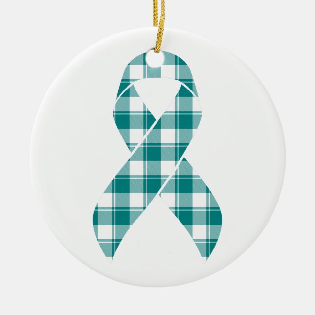 Cervical Cancer Awareness Plaid Teal Ribbon Julgransprydnad Keramik (Framsidan)