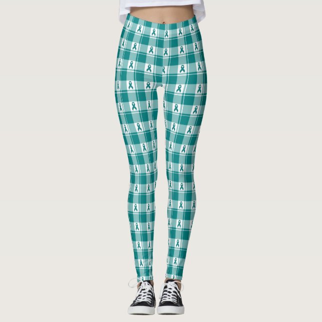 Cervical Cancer Awareness Plaid Teal Ribbon Leggings (Framsida)