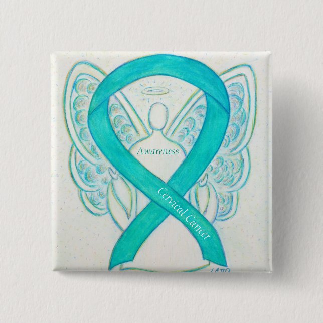 Cervical Cancer Teal Awareness Ribbon Angel Pin Knapp (Framsida)