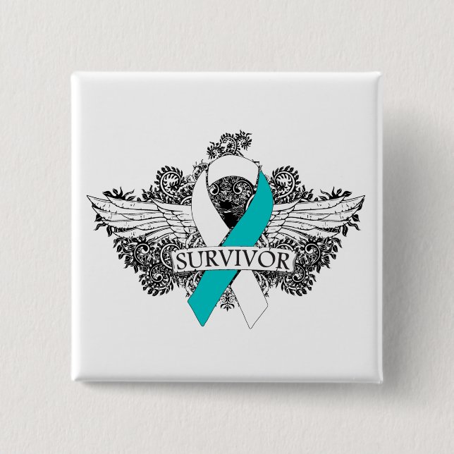 Cervical Cancer Winged SURVIVOR Ribbon Knapp (Framsida)