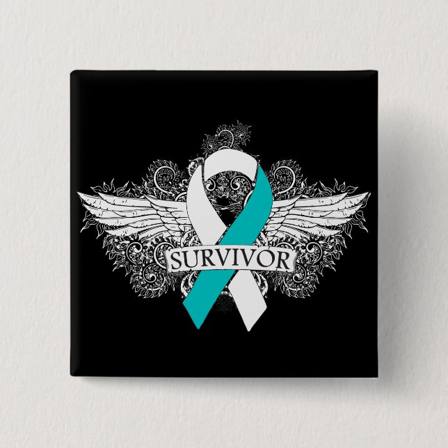 Cervical Cancer Winged SURVIVOR Ribbon Knapp (Framsida)