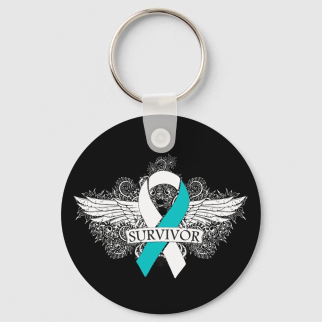 Cervical Cancer Winged SURVIVOR Ribbon Nyckelring (Framsida)