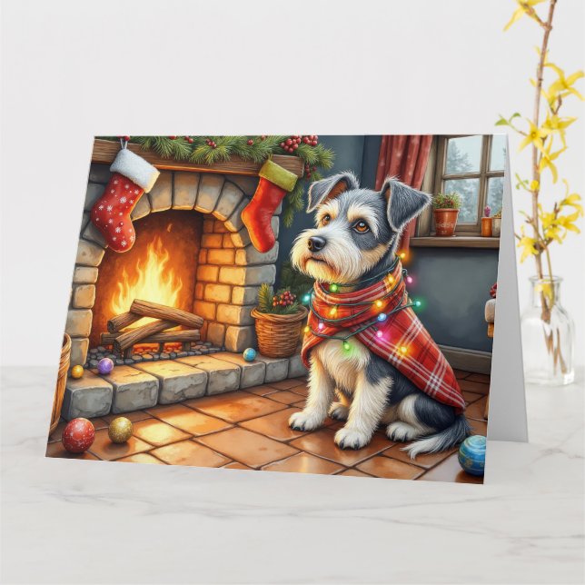 Cesky Terrier Fireplace with Christmas Lights Kort (Gul blomma)