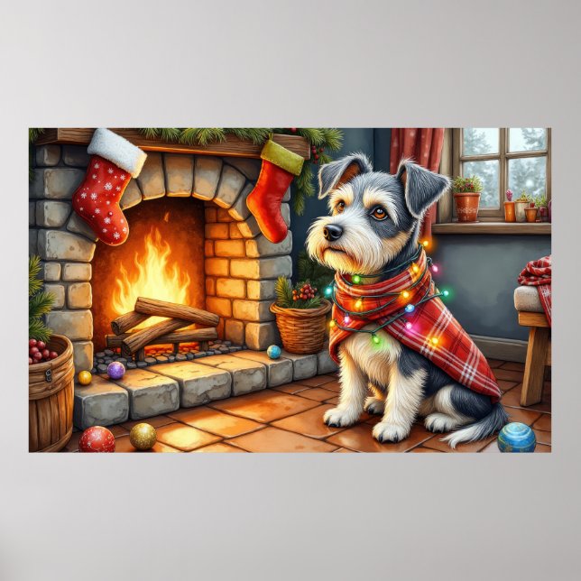 Cesky Terrier Öppen Spis med Julbelysning Poster (Framsidan)
