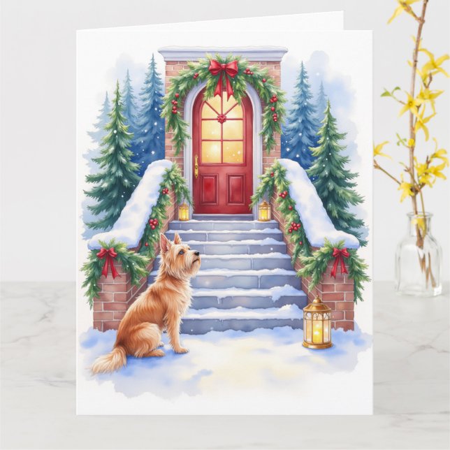 Cesky Terrier Snowy Staircase Christmas Art Kort (Gul blomma)