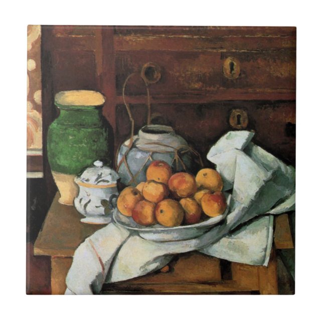 Cezanne - Fartyg, frukt och Trasa Kakelplatta (Framsidan)