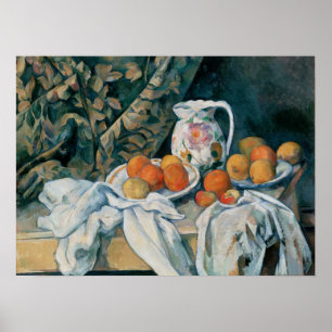 Cézanne - Fortsatt liv med ridån och blomstrande p Poster