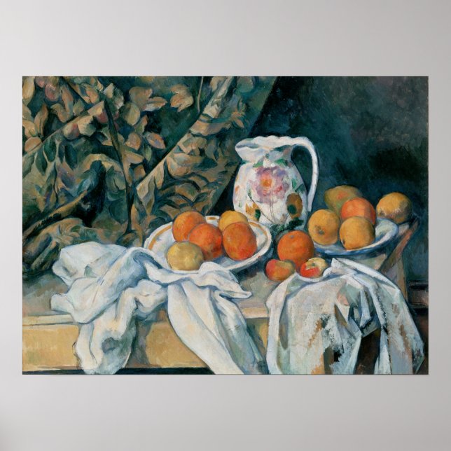 Cézanne - Fortsatt liv med ridån och blomstrande p Poster (Framsidan)