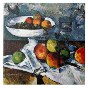 Cezanne - kompotier, glas, äpplen kakelplatta