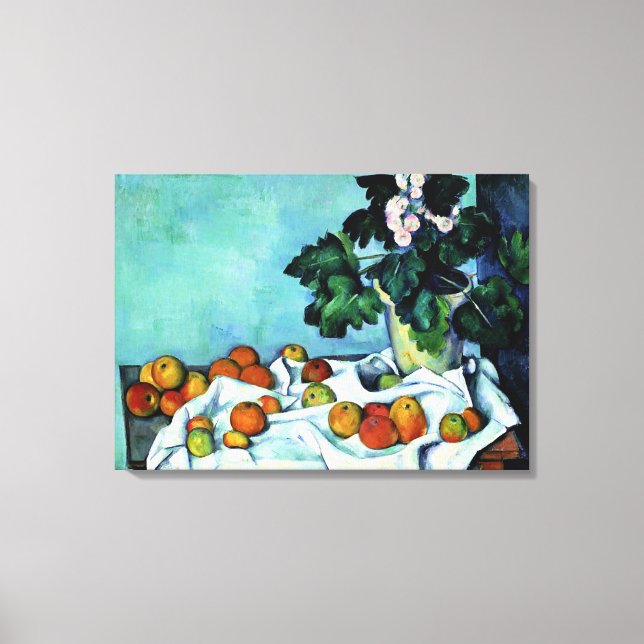 Cezanne - Stilleben med äpplen och primula Canvastryck (Framsida)
