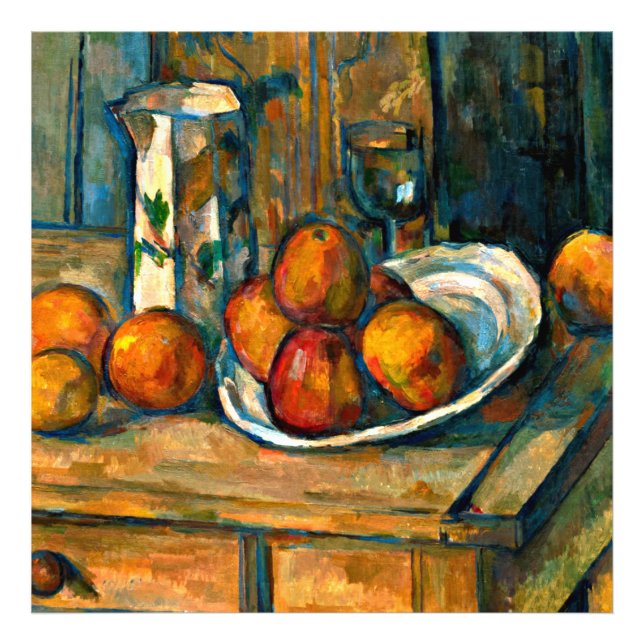 Cezanne - Stilleben med mjölkkruka och frukt Fototryck (Framsidan)