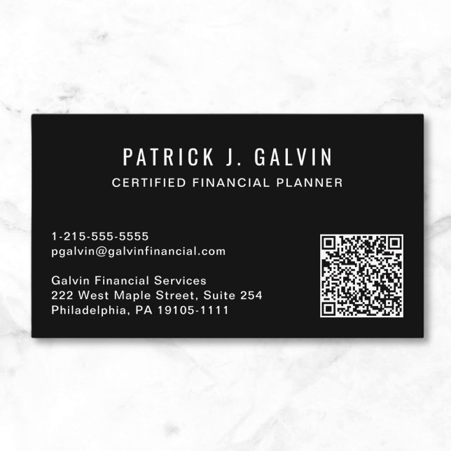 CFP finansiell planerare QR-kod svart Visitkort (CFP Certified Financial Planner QR Code Photo Business Card)