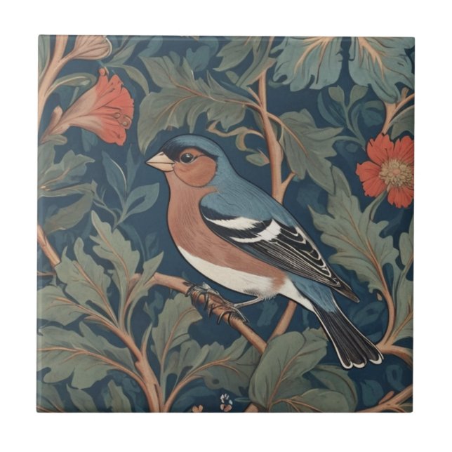 Chaffinch William Morris stil Lämnat mot Bird Kakelplatta (Framsidan)