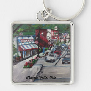 Chagrin Falls,Ohio Street Scene Painting Nyckelrin Fyrkantig Silverfärgad Nyckelring