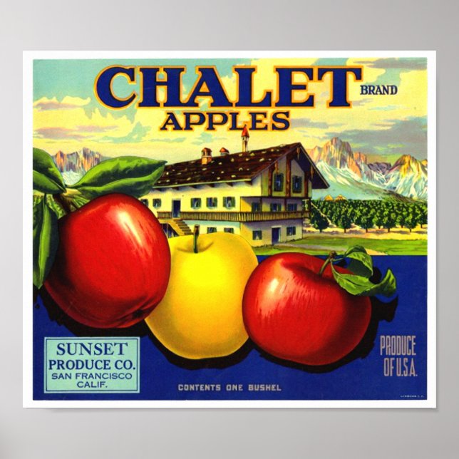 Chalet Brand Äpplen Sunset Produce Co Poster (Framsidan)