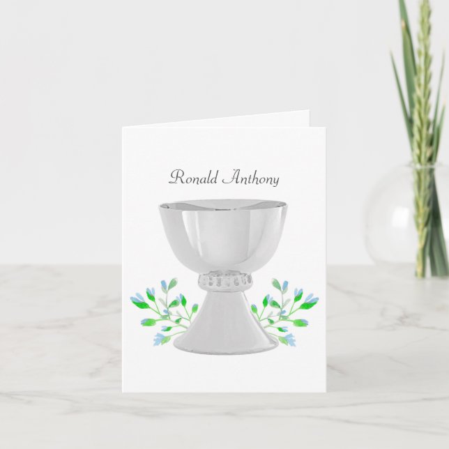 Chalice Blue Buds Greenery First Communion Anteckningskort (Framsida)