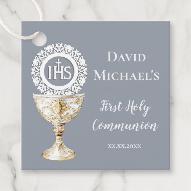 Chalice Host First Communion blue background Gåvor Etiketter (Framsida)