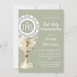 Chalice Host First Communion sage green background Inbjudningar