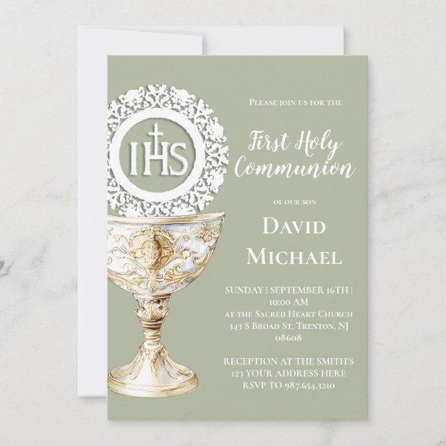 Chalice Host First Communion sage green background Inbjudningar (Framsida)