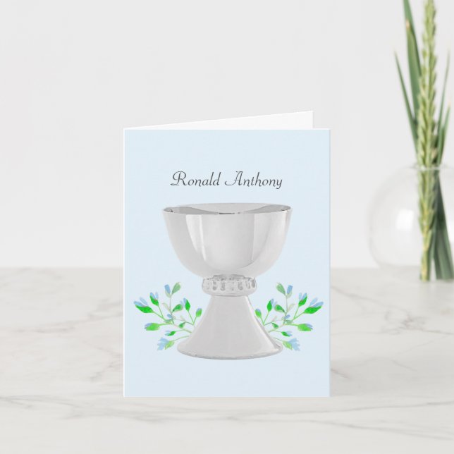 Chalice och Blue Buds Communion Baptism Anteckningskort (Framsida)