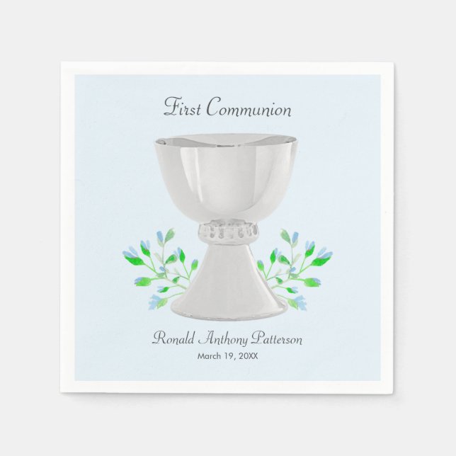 Chalice och Blue Buds Greenery First Communion Pappersservett (Framsidan)