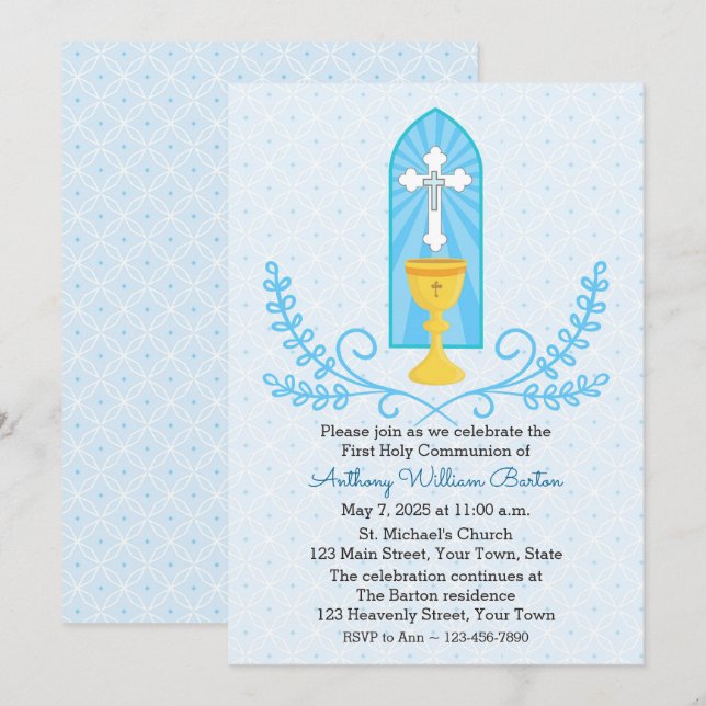 Chalice och Kor Blue First Communion bjudan Inbjudningar (Fram/baksida)