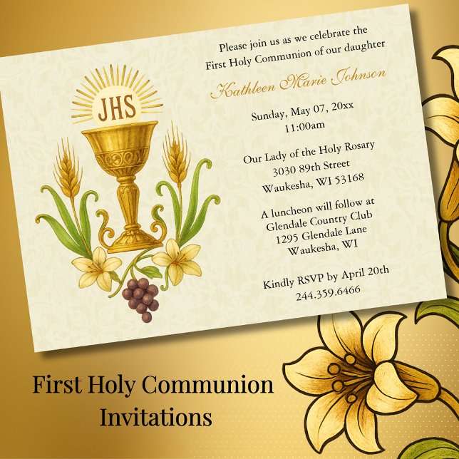 Chalice och Lilies First Communion Traditional Inbjudningar (Skapare uppladdad)