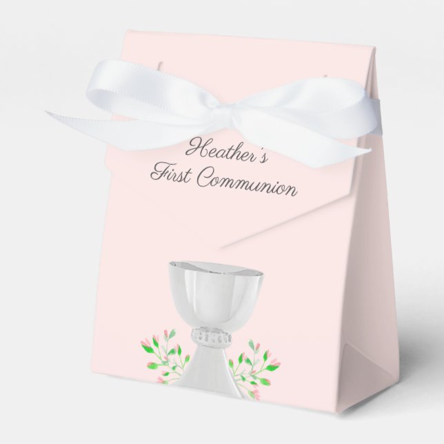 Chalice och Rosa Buds Greenery First Communion Presentaskar (Framsidan Sidan)