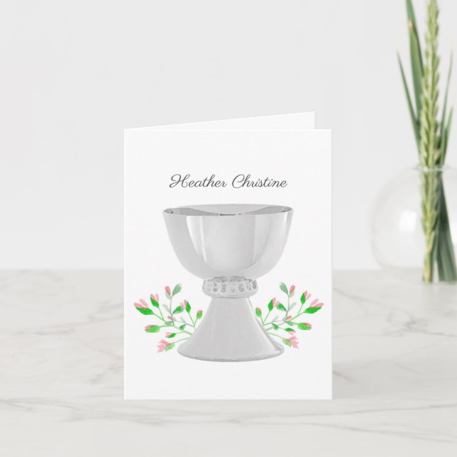 Chalice Rosa Buds Greenery First Communion Anteckningskort (Framsida)
