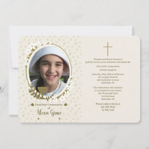 Chalice with Flowers Photo First Communion Inbjudningar