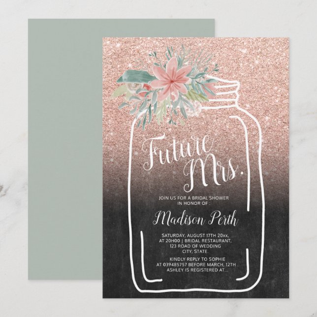 Chalk blommigt Mason burk glitter möhippa Inbjudningar (Fram/baksida)