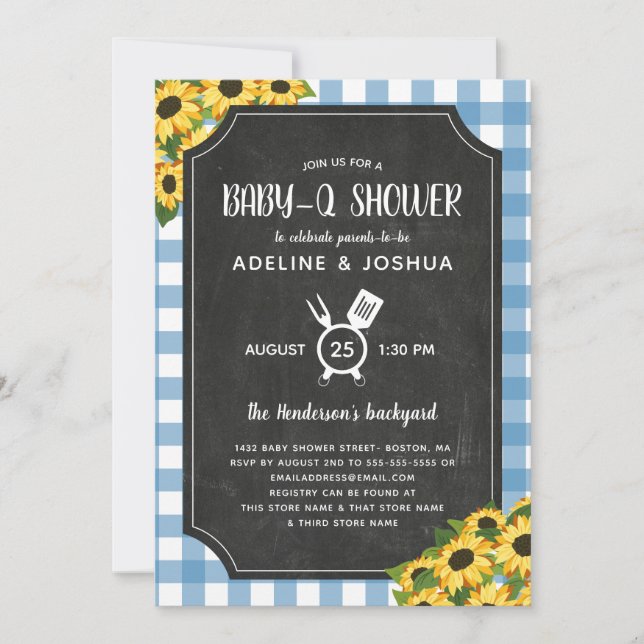 Chalk Blue Gingham SunblommBoy Baby-Q Shower Inbjudningar (Framsida)