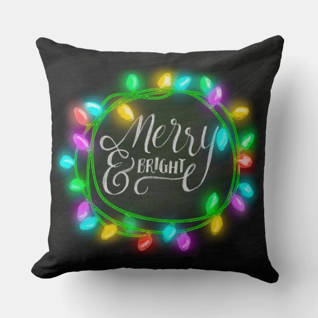 Chalk Drawn Merry och Bright med Ljus Kudde (Framsida)
