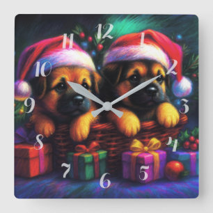 Chalk Teckning 2 Cute Puppies in Santa Hats Fyrkantig Klocka