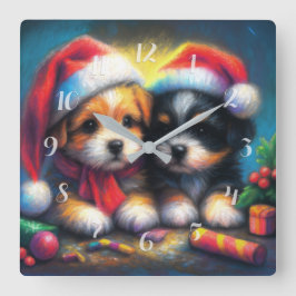 Chalk Teckning 2 Cute Puppies in Santa Hats Fyrkantig Klocka