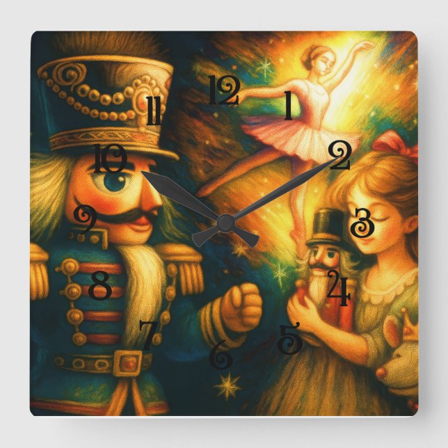 Chalk Teckning Cute Nutcracker Ballet jul Fyrkantig Klocka (Framsida)