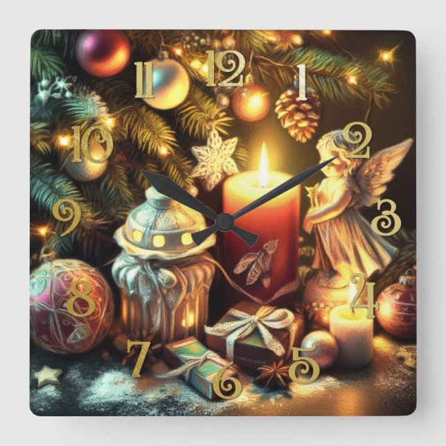 Chalk Teckning Julgran Candle Angel Fyrkantig Klocka (Framsida)