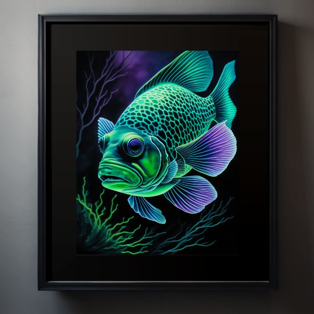 Chalk Teckning of Fish on Black Grönt Poster (Skapare uppladdad)