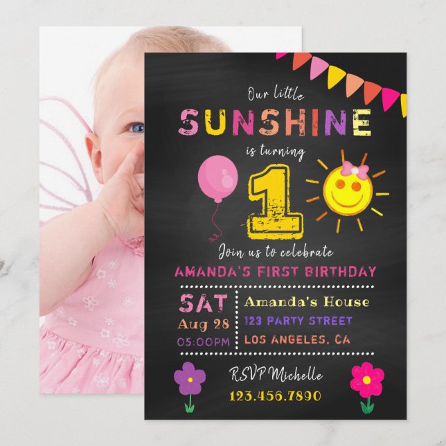 Chalkboard 1: a Birthday Little Sunshine Girl Part Inbjudningar (Fram/baksida)