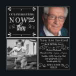 Chalkboard 80th Birthday Square Photo Inbjudan<br><div class="desc">Gästerna kommer att bli glada över att få det här trendiget, chic, krita, typografi designad 80:e födelsedagsfest inbjudan med en vintage. Med mallen then och now themed kan du enkelt anpassa den här åttionde födelsedagsfesten inbjudan med bilder av födelsedagskalkaren eller gungeln. Du kan också anpassa texten med din personliga information....</div>