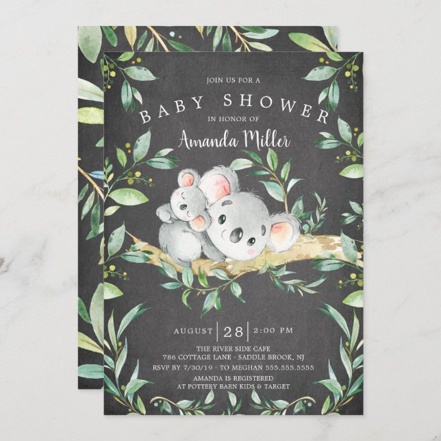 Chalkboard Adsible Koala Bear Baby Shower Inbjudningar (Fram/baksida)