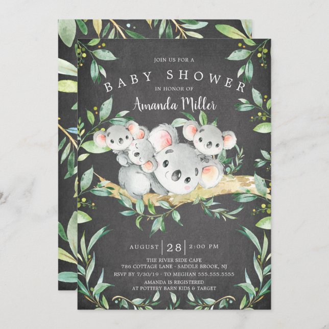 Chalkboard Adsible Koala Bear Triplet Baby Shower Inbjudningar (Fram/baksida)