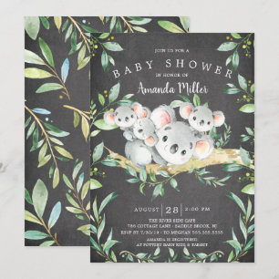 Chalkboard Adsible Koala Bear Triplet Baby Shower Inbjudningar