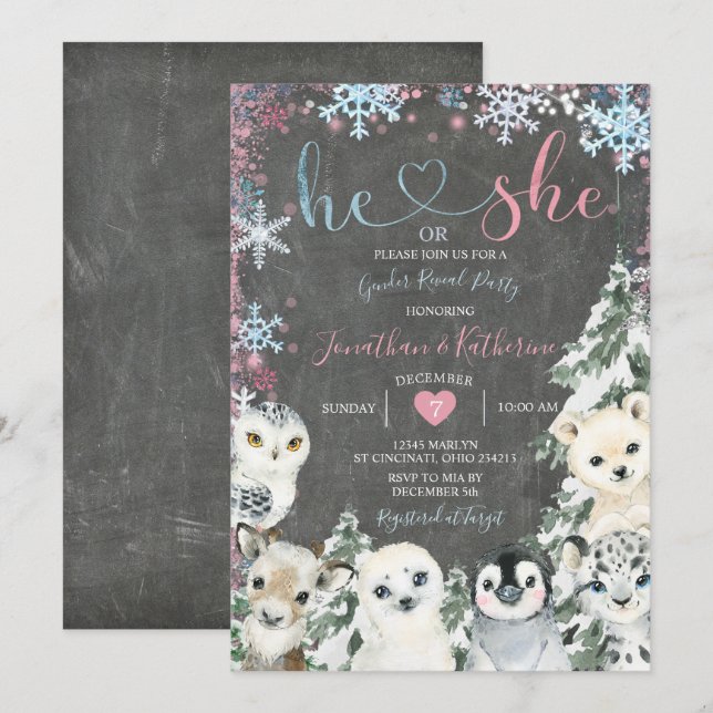 Chalkboard Animal Gender Reveal Snöflingor Inbjudningar (Fram/baksida)