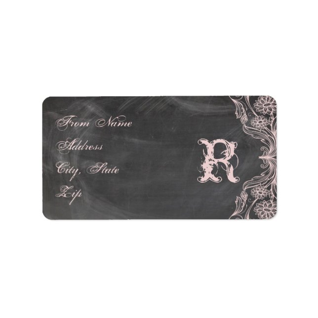 Chalkboard Antique Rosa Blommigt Monogram Adress Adressetikett (Framsidan)