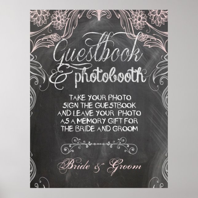 Chalkboard Antique Rosa Bröllop Photo Booth Poster (Framsidan)