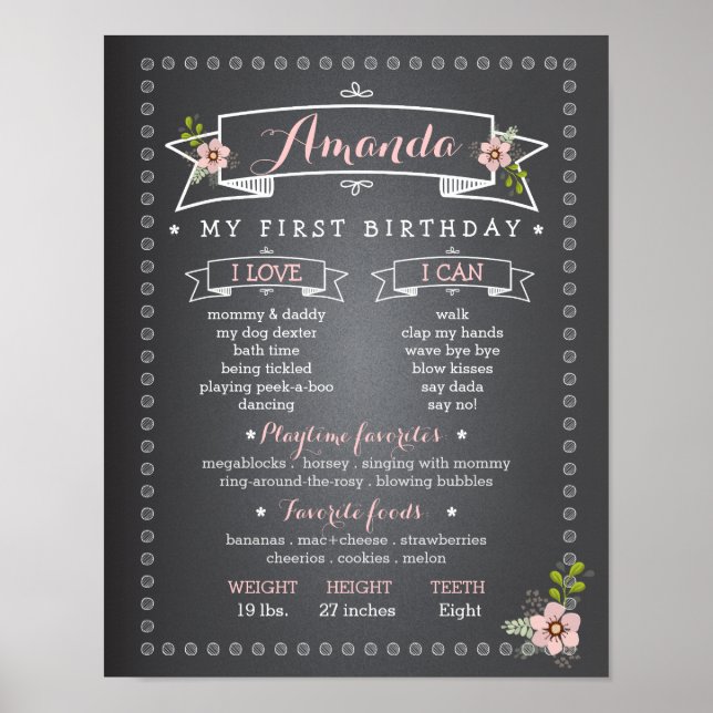 Chalkboard Baby First Birthday Milestone Board Poster (Framsidan)