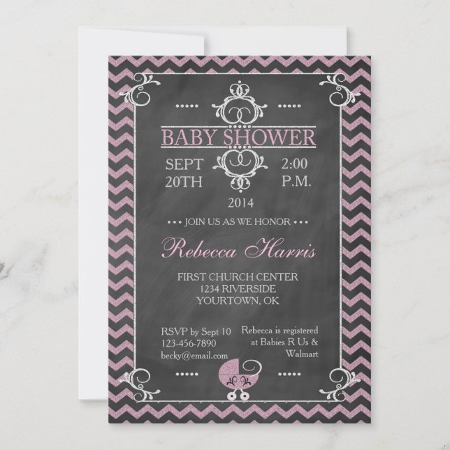 Chalkboard Baby Shower för Chevron Rosa Chalkboard Inbjudningar (Framsida)