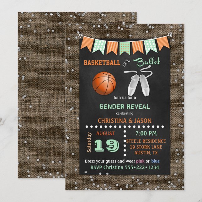 Chalkboard Basketball eller Ballet Gender Reveal Inbjudningar (Fram/baksida)