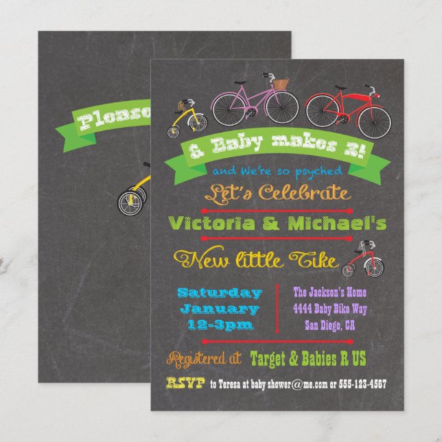 Chalkboard Bicycle Baby Shower-inbjudan Inbjudningar (Fram/baksida)